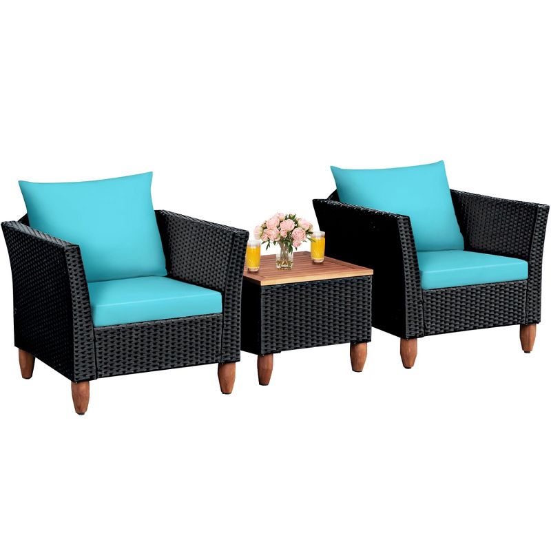 Costway 3 PCS Outdoor Patio Rattan Bistro Furniture Set Wooden Table Top Cushioned Sofa Black Brown, 4 of 11