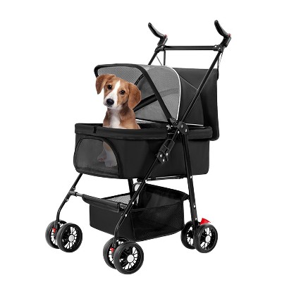 Munora 4-Wheel Pet Stroller, Foldable Dog & Cat Carrier with Removable Liner, Storage Basket & 44lbs Capacity, Black/Grey