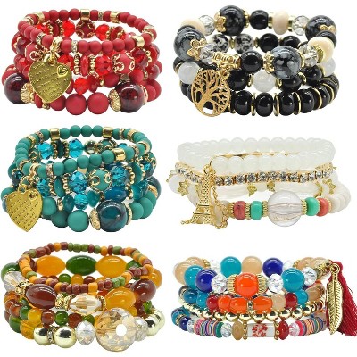 6 Sets Bohemian Stackable Stretch Bracelets Multi-color Boho Jewelry for Women with Various Charms