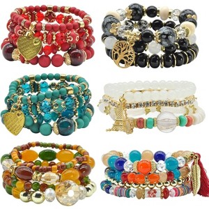 6 Sets Bohemian Stackable Stretch Bracelets Multi-color Boho Jewelry for Women with Various Charms - 1 of 4