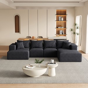 132 inch Beige Chenille L Shaped Sectional Living Room Sofa Set With 6 Pillows for Living Room - 1 of 4