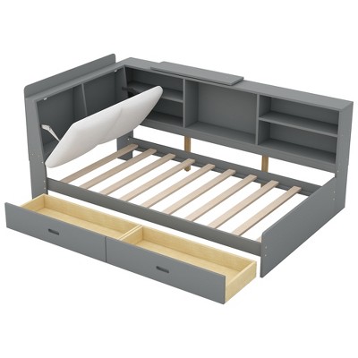 YNXARIA Gray Twin - Sized Wooden Bed Frame: Storage Headboard, 2 Drawers Included