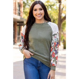 Laurel Green Floral Patchwork Long Sleeve Ribbed Blouse - 1 of 1