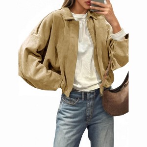 Imily Bela Womens Faux Suede Bomber Jackets Oversized Cropped Zip Up Lapel Coats Fall Casual Outerwears - 1 of 4