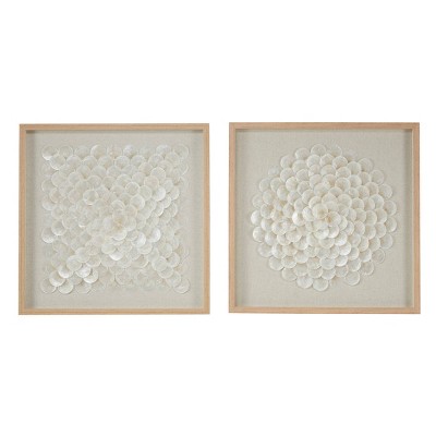 (Set of 2) 23.5" Square Shell Shadow Boxes Coastal Wall Art Natural/White - Olivia & May