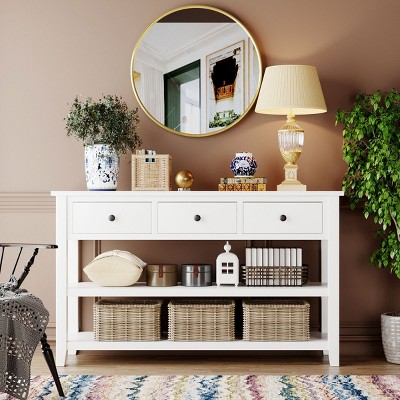 50" Mid-Century Console Table with 3 Drawers & 2 Open Shelves,Solid Wood Entryway Table for Living Room,Hallway-Baofuwish