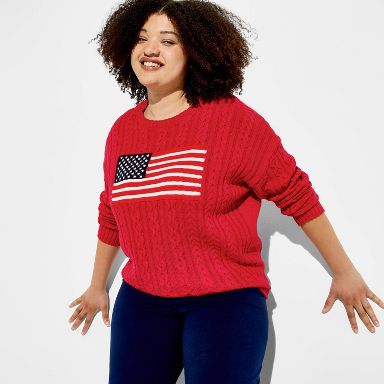Women's Crewneck American Flag Pullover Sweater - Wild Fable™ Berry Red Flags 1X