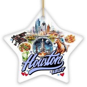 Artistic Houston Ceramic Ornament, Texas Souvenir with Vintage City Elements and Space Shuttle| OrnamentallyYou - 1 of 4