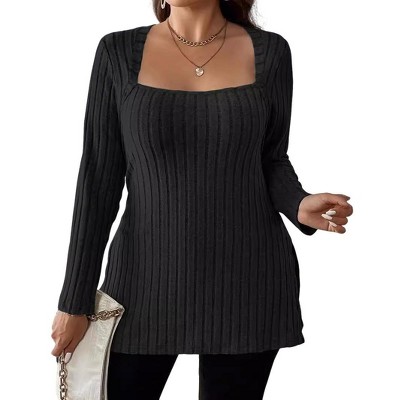 Clearlove Womens Plus Size Square Neck Long Sleeve Shirts Side Split Tunics Ribbed Knit Pullover Sweaters