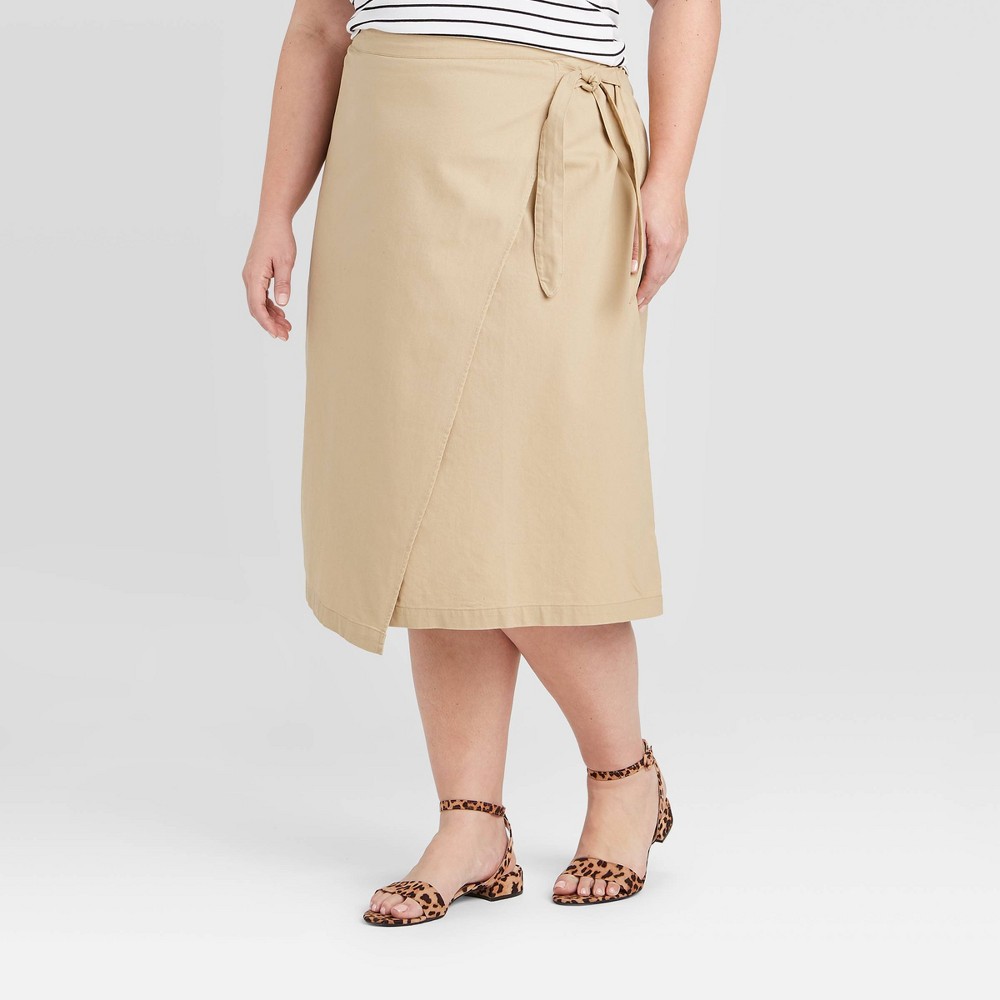 Women's Plus Size Wrap Midi Skirt - Ava & Viv Tan 2X, Women's, Size: 2XL, Yellow was $27.99 now $19.59 (30.0% off)