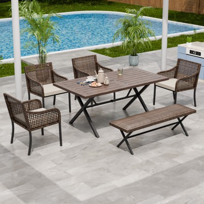 EAGLE PEAK Sienna Bay 6PCS Patio Wicker Dining Set w/ Soft Cushions Umbrella Hole