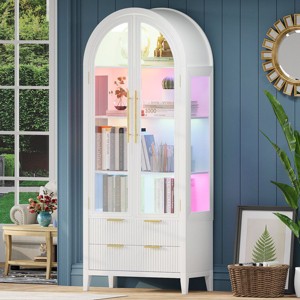 Fredees 70.9" Freestanding Arched Glass Display Cabinet with Color LED Motion Light, Tempered Doors, Storage Drawers for Home or Office - 1 of 4
