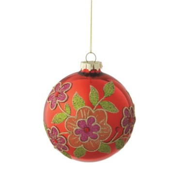 Ganz Shiny Glass Ball with Flower Design Christmas Ornament 3.5" - Red