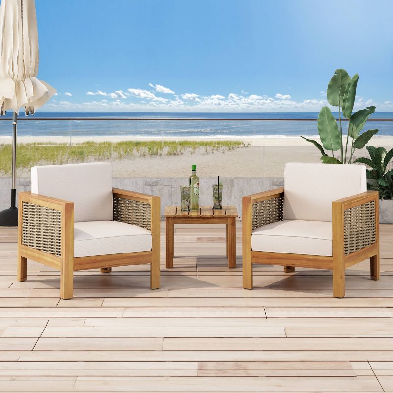 Linwood 2pk Outdoor Acacia Wood Club Chairs with Wicker Accents - Teak/Brown/Beige - Christopher Knight Home, 3 of 12