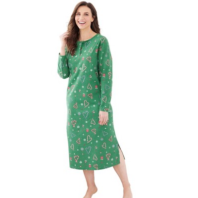 Dreams & Co. Plus Size Long-Sleeve Henley Print Sleepshirt