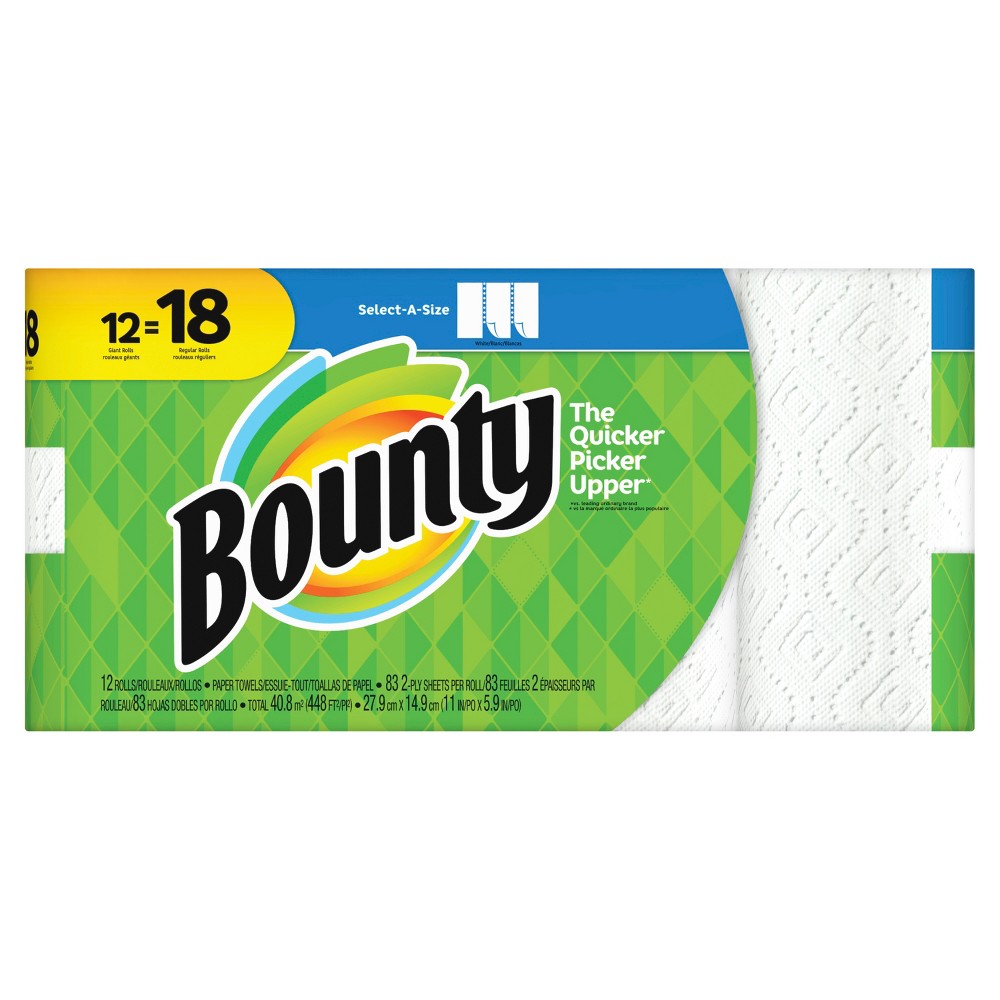 Bounty Select-A-Size 2-Ply Paper Towels, 11in. x 5 15/16in., White, Pack Of 12 Giant Rolls