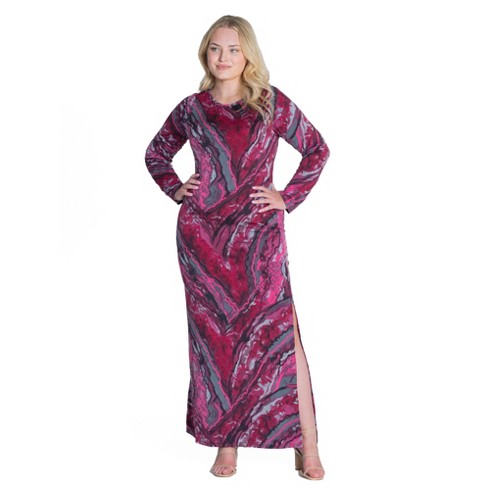 Womens Plus Size Magenta Print Long Sleeve Side Slit Maxi Dress : Target