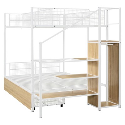 TiramisuBest Twin Over Full Metal Bunk Bed with Drawer and Lateral Storage Ladder and Wardrobe - White Metal Design