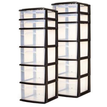 Homz Plastic 6 Clear Drawer Medium Home Storage Container Tower with 4 Large Drawers and 2 Small Drawers, Black Frame (2 Pack)
