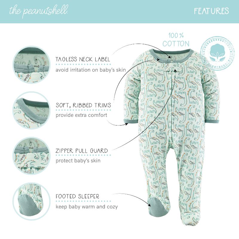 The Peanutshell Green Dino Footed Baby Sleepers for Boys or Girls, 3-Pack, Newborn to 9 Months, 3 of 8
