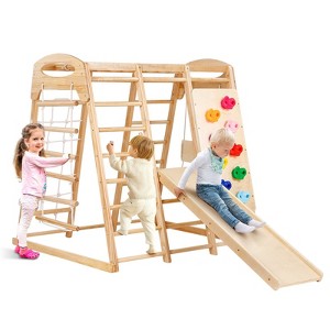 7-in-1 Indoor Wooden Jungle Gym for Kids, Climbing Set with Slide