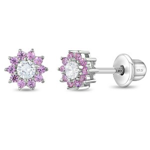 Girls' Pink & Clear Flower Screw Back Sterling Silver Earrings - In Season Jewelry - 1 of 4