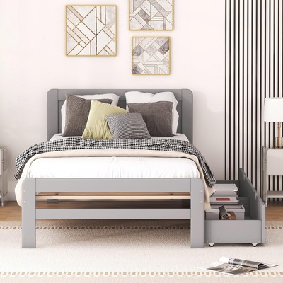 Twin Bed with 2 Trundle Storage Drawers, Platform Bed Frame with Headboard for Bedroom Small Living Space, No Box Spring Needed