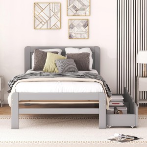 Twin Bed with 2 Trundle Storage Drawers, Platform Bed Frame with Headboard for Bedroom Small Living Space, No Box Spring Needed - 1 of 4