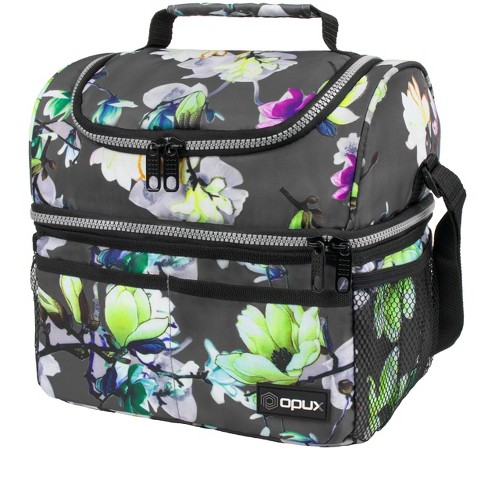 Opux Insulated Dual Compartment Lunch Bag for Women, Ladies | Double Deck Reusable Lunch Box Cooler with Shoulder Strap, Leakproof Liner | Medium