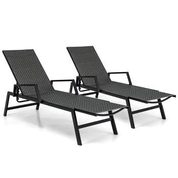 Tangkula Set of 2 Wicker Outdoor Chaise Lounge Chair Patio w/ Metal Frame & Adjustable Backrest