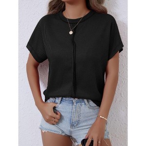 Women's Casual Waffle Knit Crew Neck Short Sleeve Loose Top - 1 of 4