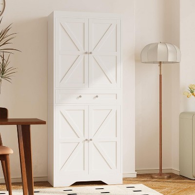 Acekool 72" Kitchen Pantry Cabinet with 4 Doors, 6 Adjustable Shelves & Slide-Out Drawer – Tall White Farmhouse Storage Cabinet for Kitchen & Dining
