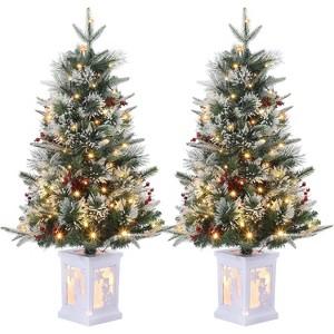 3ft Pre-Lit Snow Flocked Christmas Tree with 78 Lights, Red Berries and Timer, Potted Base - 1 of 4