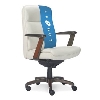 White Leather and Wood Swivel Executive Office Chair with Lumbar Support