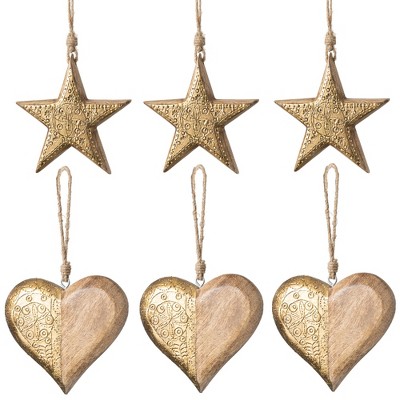 Sullivans Set of 6 Heart & Star Ornament Kit 5.5"H & 6"H Brown