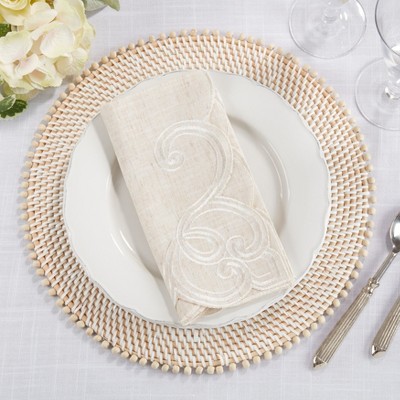 Beige Linen Blend Embroidered Scallop Napkin Set of 4