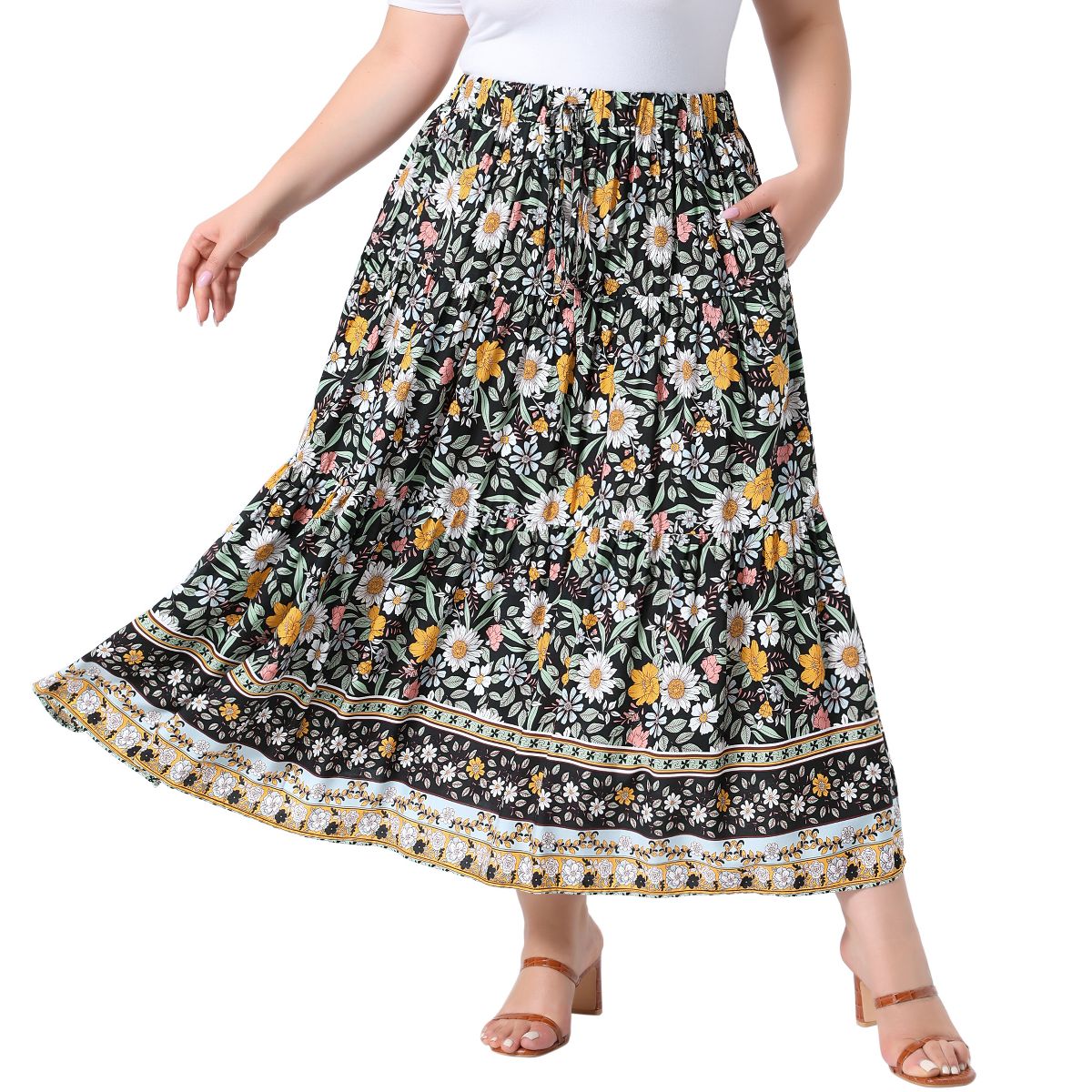 Women's Plus Size Boho Curvy Elastic High Waist A-Line Maxi Tiered Skirts with Pockets - Agnes Orinda