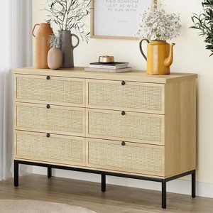 Brafab Rattan Dresser for Bedroom, 6 Drawer Mid-Century Natural Wood Dressers, Long Dresser TV Stand, Boho Closet Organizer Chests of Drawer - 1 of 4
