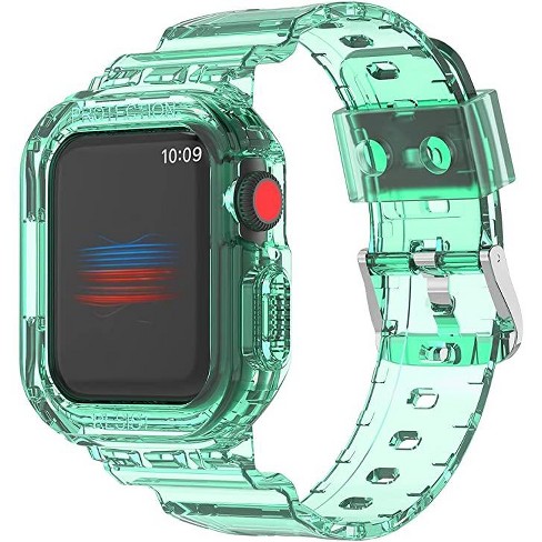 Worryfree Gadgets Band with Protective Bumper Case for Apple Watch 44mm  45mm iWatch Series 8 7 6 5 4 SE Sports Wristband - Transparent Green