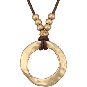 Leather and Wood Necklace Chunky Circle Pendant Boho Jewelry for Women - 1 of 4