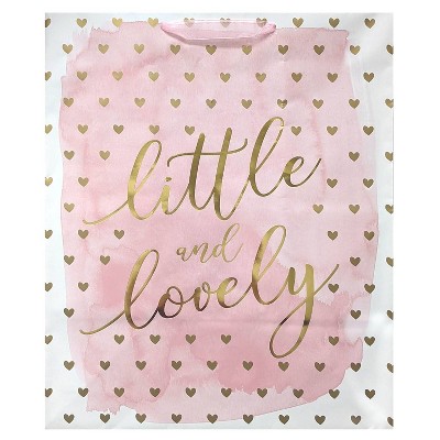 XLarge &#39;Little &#38; Lovely&#39; Hearts Baby Shower Gift Bag Pink/Gold - Spritz&#8482;