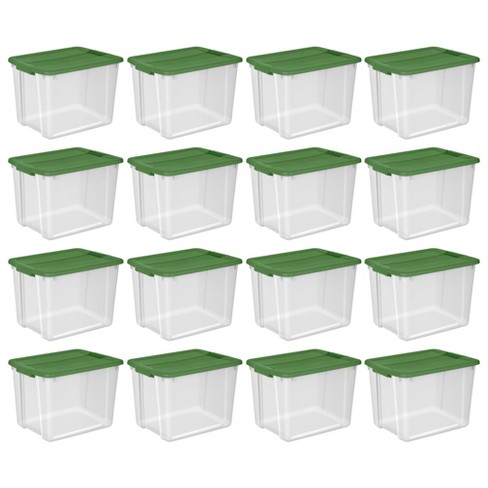 Sterilite 12 Gal Latching Lid Holiday Storage Tote Stackable Home Organizer  Bin With Lid For Decorations, Seasonal Items Clear With Green Lid, 16-pack  : Target