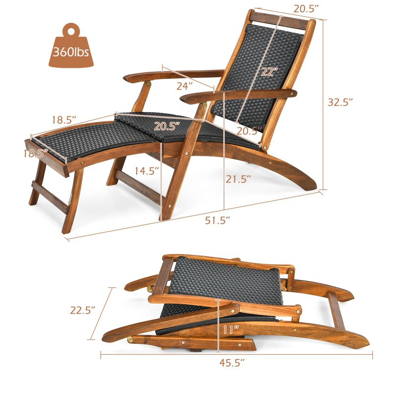 Tangkula 2PCSPatio Folding Rattan Chaise Lounge Chair Acacia Wooden Frame W/ Retractable Footrest for Poolside&Patio, 3 of 9