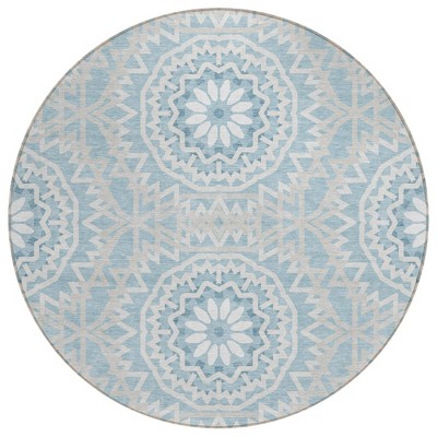 Denim Blue And Ivory Floral Medallion Washable Indoor Outdoor Area Rug