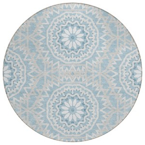 Denim Blue And Ivory Floral Medallion Washable Indoor Outdoor Area Rug - 1 of 4