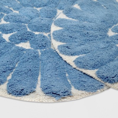 Off-White and Blue Cotton Floral Bath Rug Set