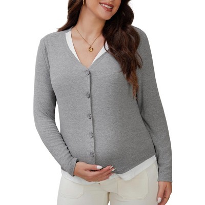 INSPIRE CHIC Women's Maternity Button Down Shirts Pregnancy Clothes Long Sleeve V Neck Faux 2-Pcs Nursing Tops