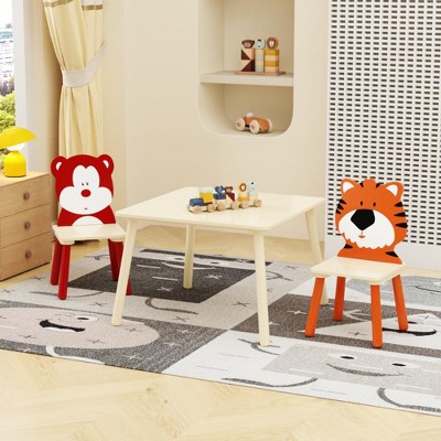 ALEXOUN Kiddy Table and Chair Set , Kids Wood Table with Chairs Set Cartoon Animals Wooden Activity Play Table Set