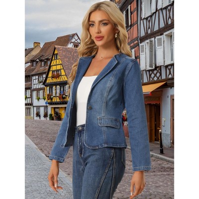 INSPIRE CHIC Women's Denim Lapel Collar Long Sleeve One Button Work Jacket X-Small Deep Blue — фото 3