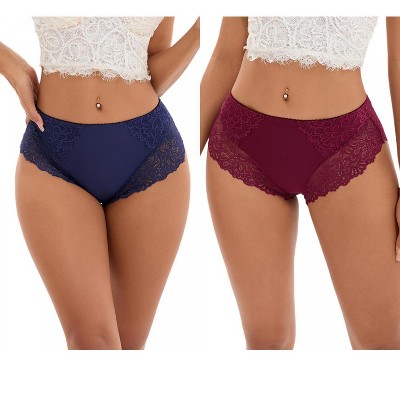 INSPIRE CHIC 2 Pcs Women's Wide Lace Trim Mid-Waisted Underwear Plus Size Full Coverage Comfortable Briefs